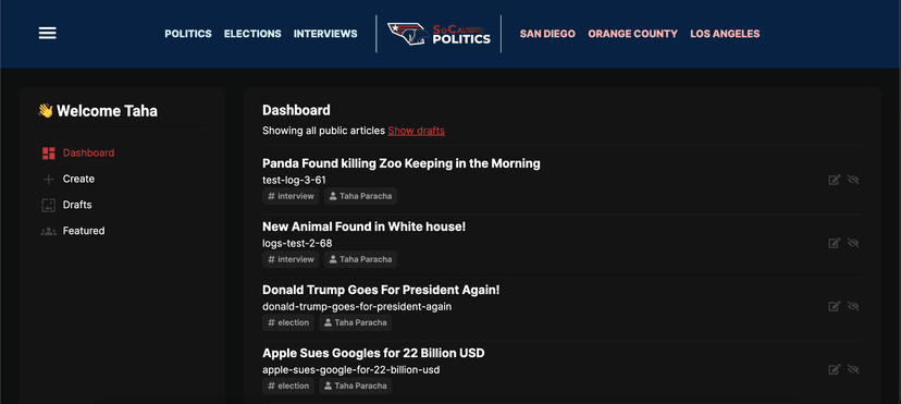 SoCal Politics Admin page
